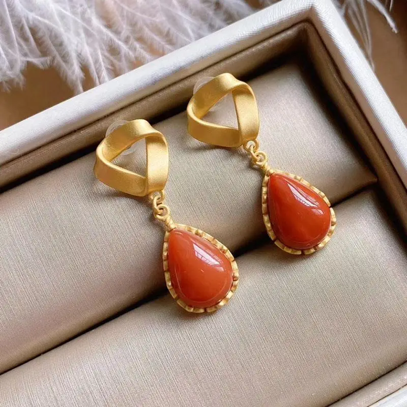 Designer original new ancient gold craftsmanship drop-shaped Hetian jade earrings elegant and luxurious women\'s silver jewelry