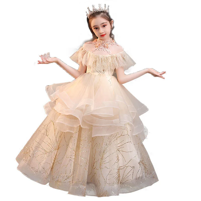 Elegant Champagne Girls Dress Sequin Flower Girls Wedding Evening Clothes Princess Party Long Gown Formal Holy Communion Dress