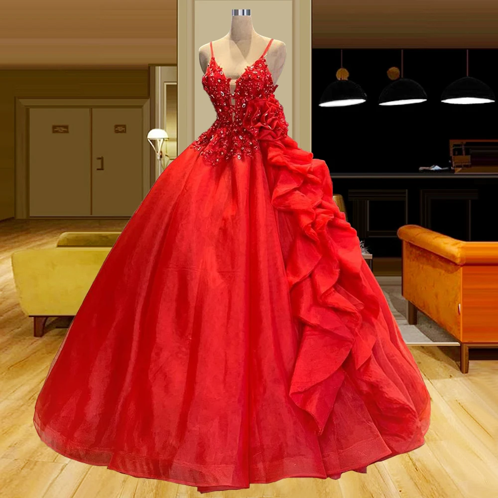 라인석 구슬 볼 가운 레드 성인식 드레스 스파게티 스트랩 캐스케이드 프릴 vestidos de quinceañera vestidos de 15 año