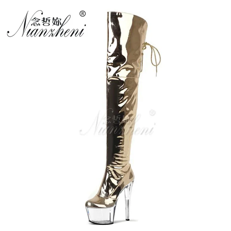 

7 inches 17cm Super Stiletto heels Silver Crystal Platform Over the knee Boots Clubbing Stripper Queen Fashion Mature Big Size