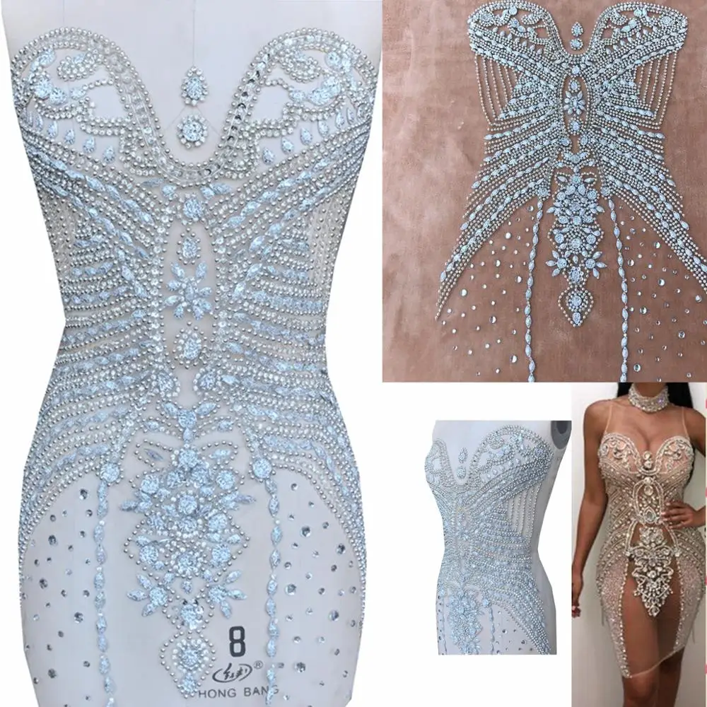 

Handmade bodice silver rhinestones applique on nude mesh sew on stones trim patches full body wedding dress accessory