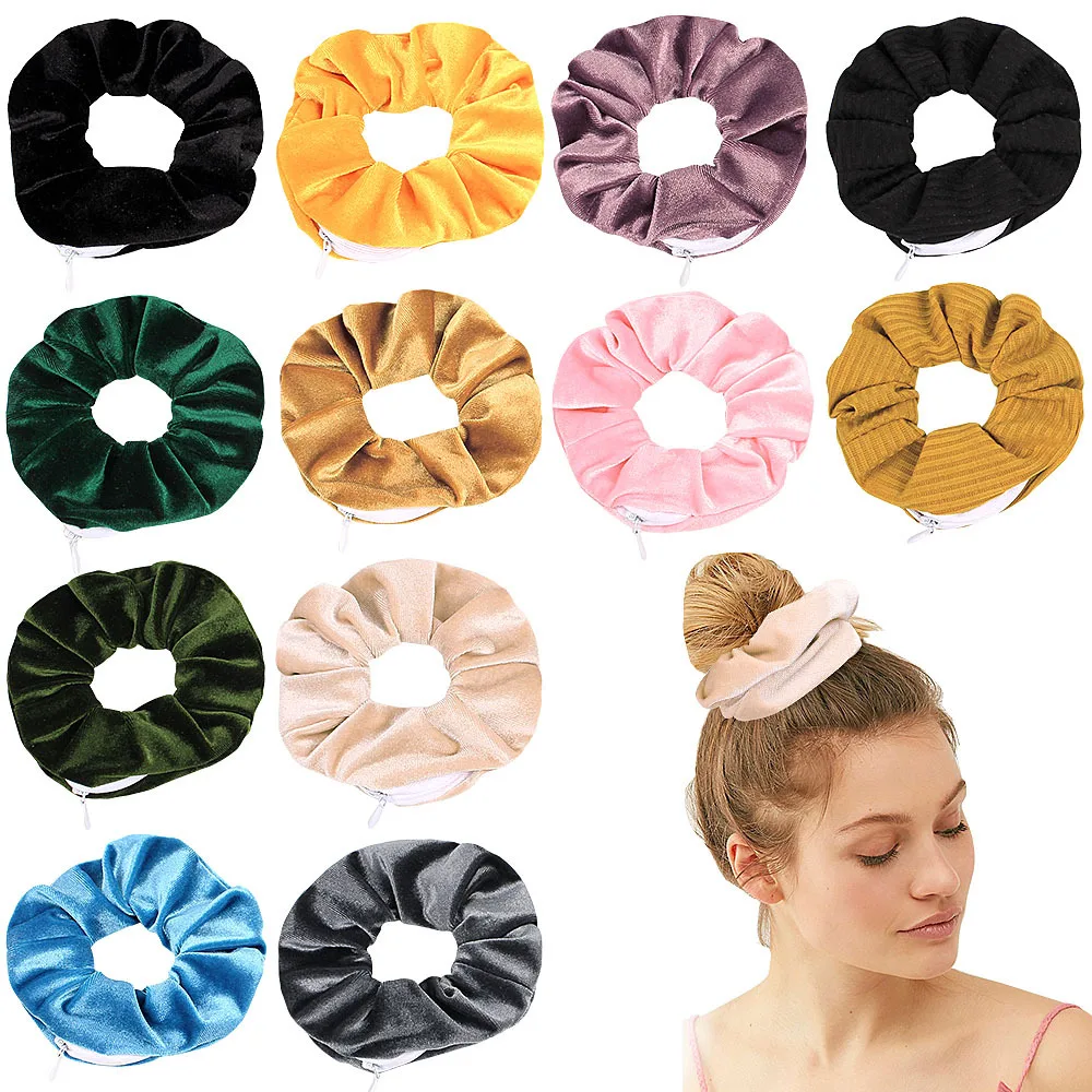 Velvet Scrunchies Zipper Hair Scrunchies Women Scrunchy Elastic Hair Bands Girls Headwear Ponytail Holder Hair Ties Small Bag