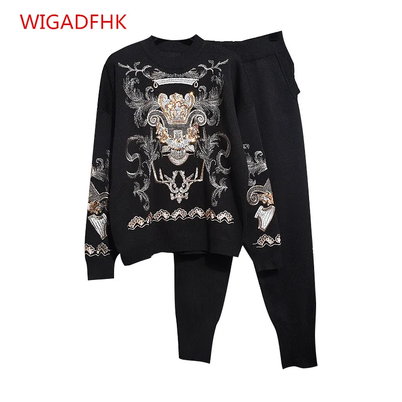 

Fashion Women Tracksuit Set Spring Beaded Embroidery Long Sleeve Knitted Sweater Casual Pants Two Piece Set Tide Autumn 2021