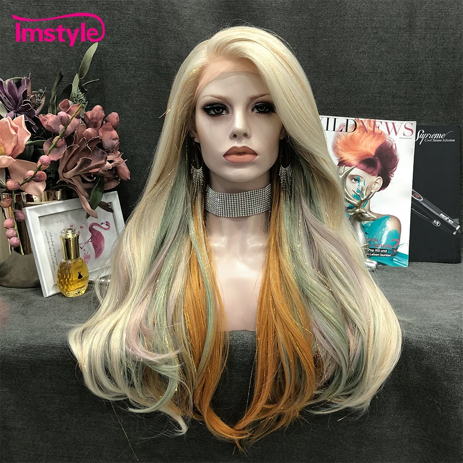 ImstyleSynthetic Lace Front Wig Tinsel Wig Multicolor Blonde Orange Heat Resistant Fiber Glitter Hair Party Long Wigs For Women