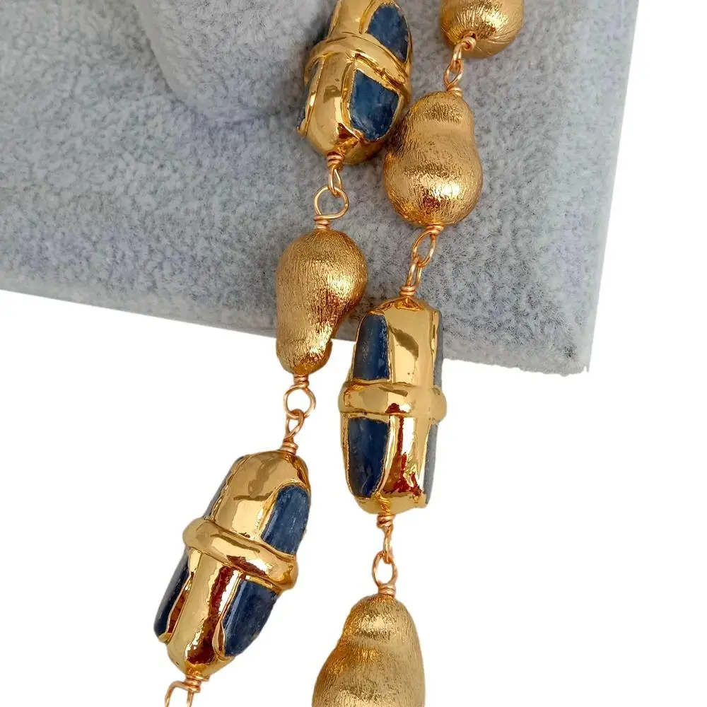 Y·YING Natural Blue Kyanite Electroplated Edge Gold Plated Brushed Bead wrap Necklace 20