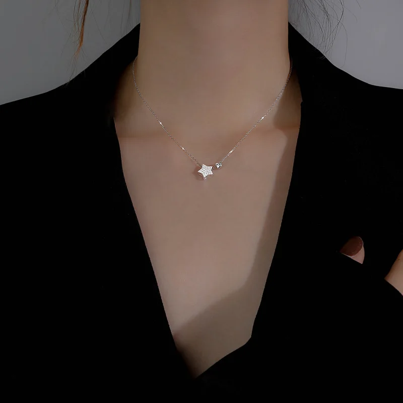 Birthday Gift 925 Sterling Silver Cute Shiny Star Collar Pendant Flashing Diamond Necklace Woman Charm Jewelry Wedding Party Gif