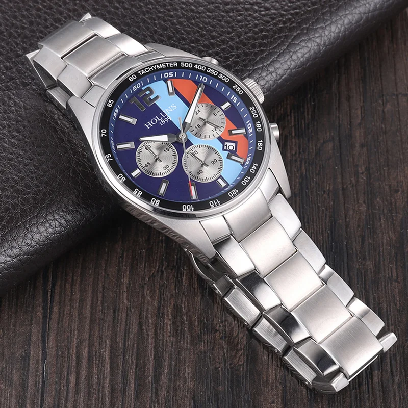 HOLUNS mens Fashion watch Full stainless steel Multifunctional Sports chronograph quartz Wristwatches Waterproof