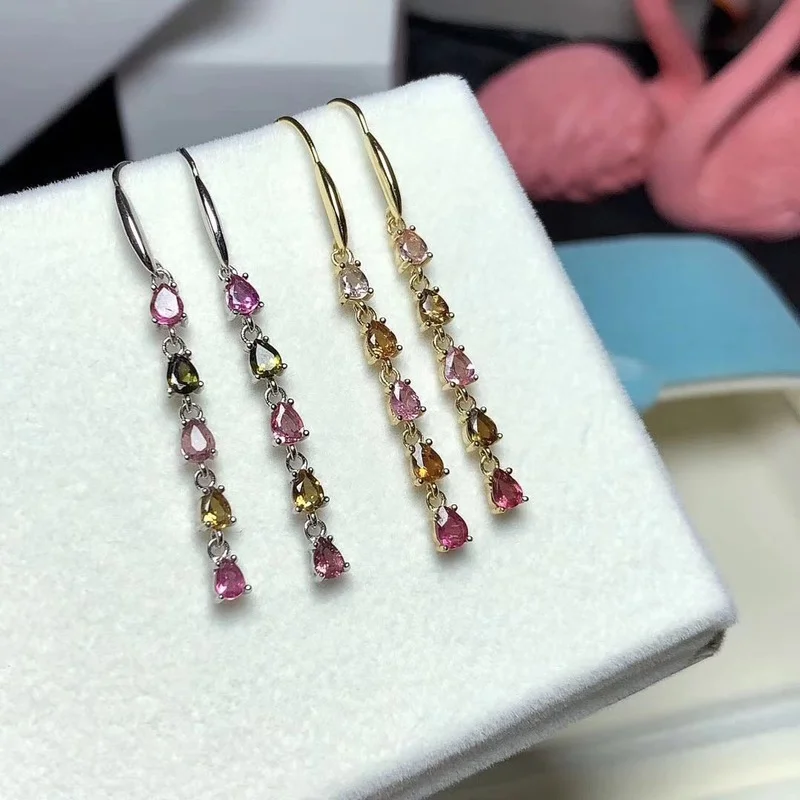 Natural Tourmaline Earrings 925 Silver Two-color Electroplating Process Women's Party Wedding Jewelry