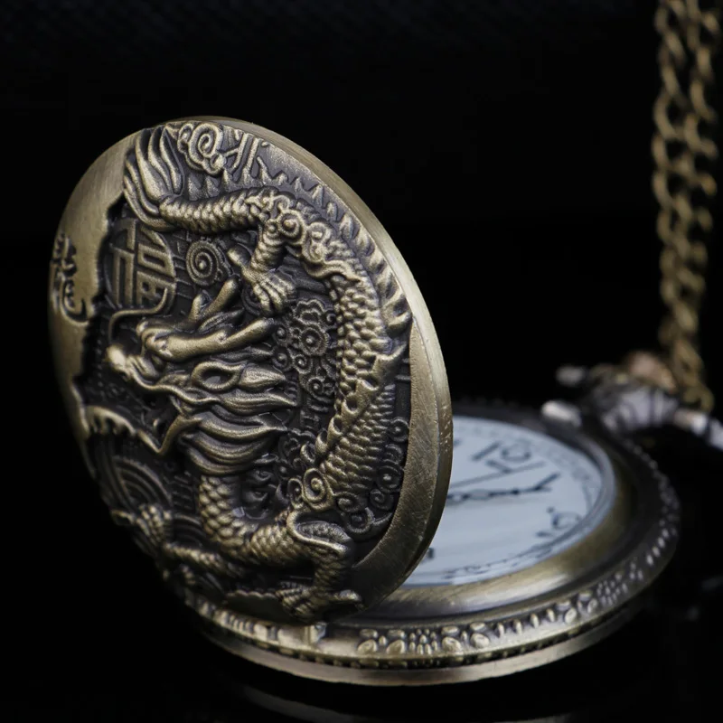 Vintage Chinese Style Dragon Design Quartz Pocket Watch With Necklace Chain Best Gift CF1039