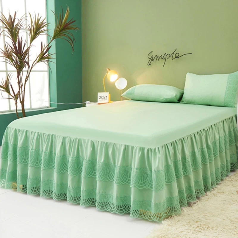 1pc Bed Skirt +2pcs Pillowcase King Queen Size Soft Sanding Fabric Bed Skirt Princess Romance Bedspread