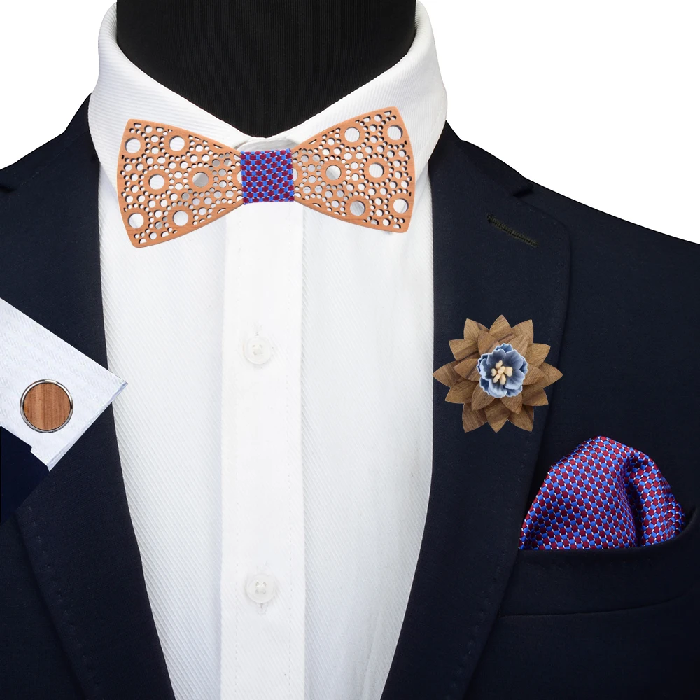 New Design 100% Wooden Hollow Wood Bow Ties Bowtie With Pocket Square Cufflinks Brooch For Men Christmas Gift Set With Box Ties