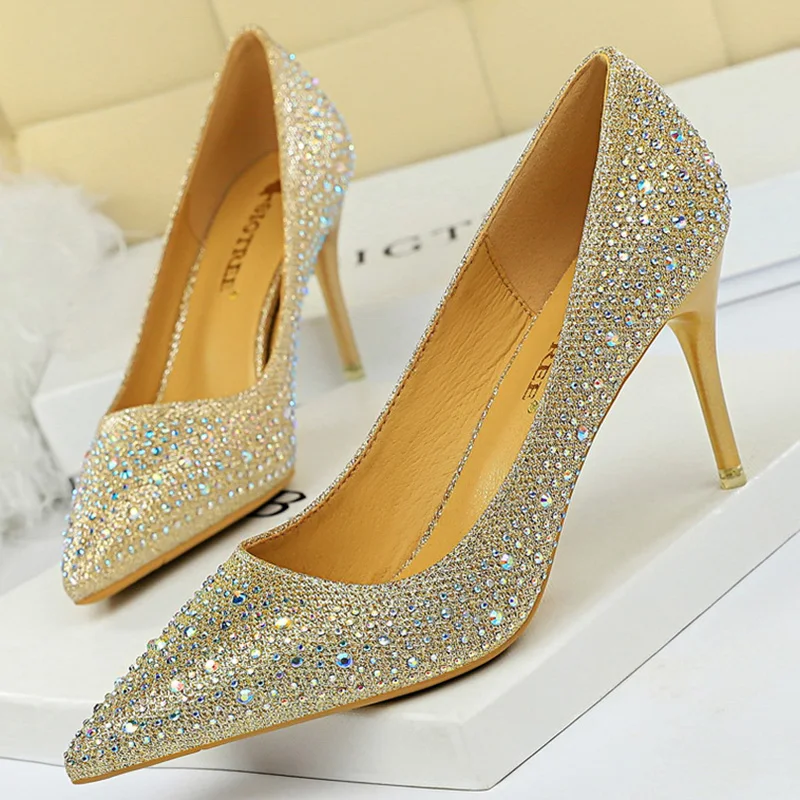 2023 Elegant Women Glitter Crystal Thin High Heels Bride Pumps White Silver Pink Tacones Heels Cinderella Wedding Shoes Big Size