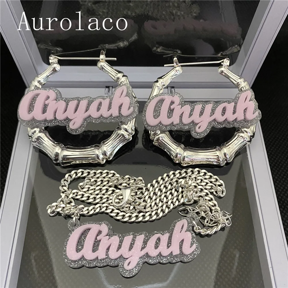 AurolaCo Fashion Trend Custom Name Earrings Hip-hop Personality Bamboo Style Round Acrylic Earrings Custom Birthday Gift