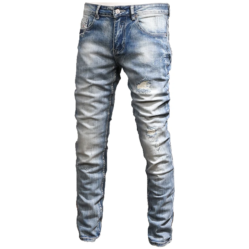Classic Light Blue Ripped Jeans Men Streetwear Casual Slim Fit Straight Pants Cotton Denim Trousers