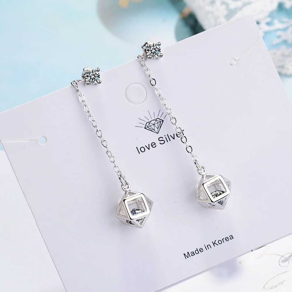 Luxury Dazzling 925 stamp silver color Earrings Cubic Square Cube Candy Zirconia Pendant Ball Drop Earrings Brincos De Prata