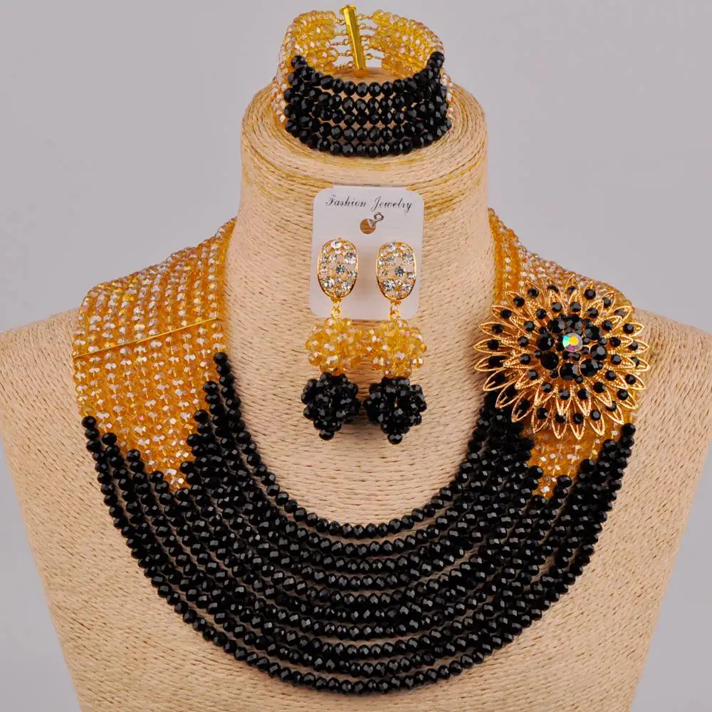 

Nigeria Wedding Wedding Engagement Gold ab and Black Crystal Necklace Jewelry African Bride Bridesmaid Jewelry Set LS-90