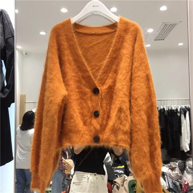 

Plus Size Fashion Women Lantern Sleeve Sweaters Coat New Winter Sequined V Neck Mink Cashmere Thick Warm Loose Cardigan