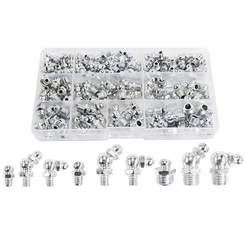 115Pcs Steel Zerk Grease Nipple Fittings Assortment Kit ,Straight, 90-Degree, 45-Degree Angled(M6,M8,M10)