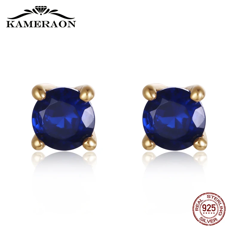 Women\'s Small Stud Earrings Silver 925 Earrings With Sapphire Blue Stones Fine Fashion Korea Jewelry