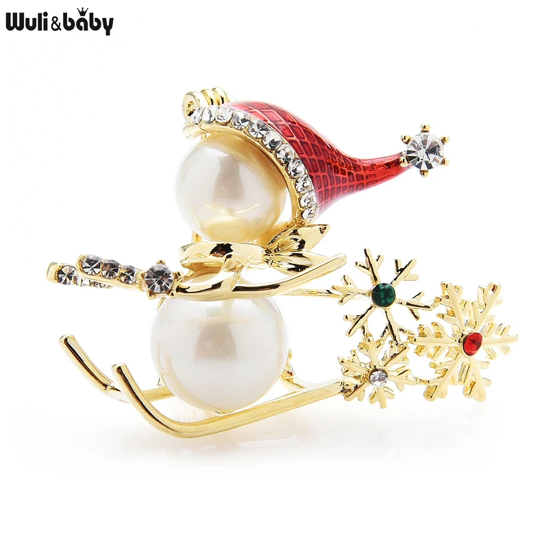 Wuli&baby Lovely Skiing Snowman Brooches For Women Designer Happy Christmas New Year Brooch Pin Jewelry Gifts