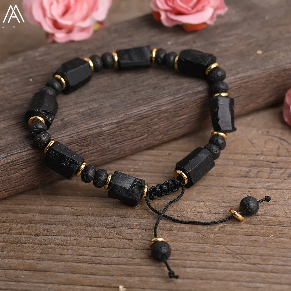 Natural Black Tourmaline Stone Nugget Beads Black Lava Rondelle Beads Cord Knotted Adjustable Bracelet Women Boho Rope Bracelet