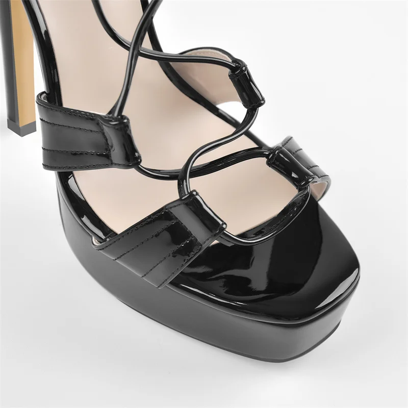 Onlymaker Women Square Toe Lace-up Platform Thin High Heels  Cross Strap Black Golden Casual Party Dress Brand  Sandals