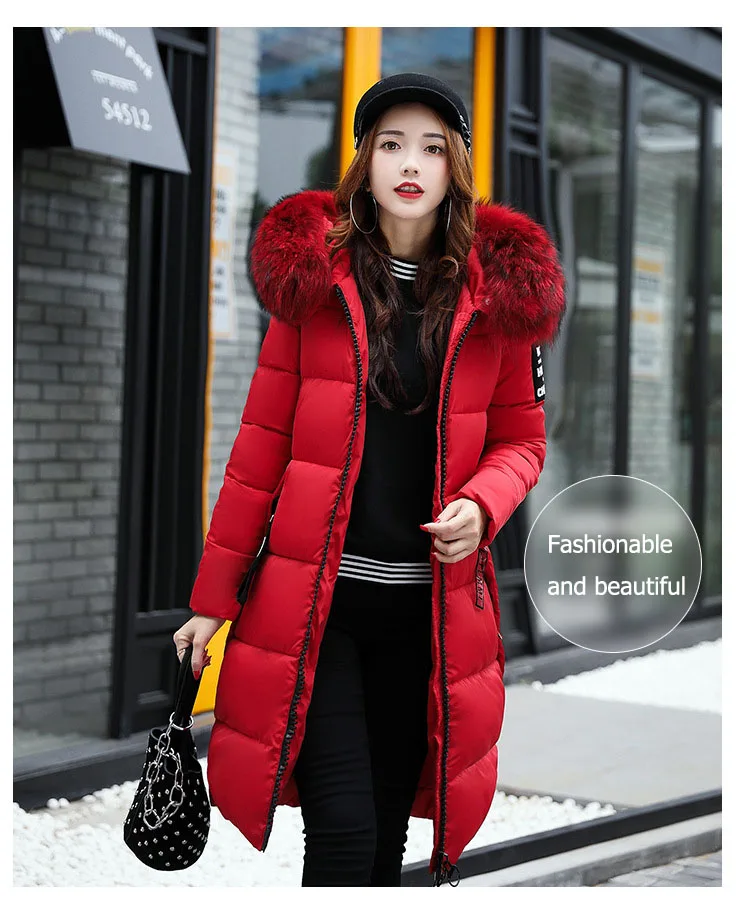 2025 Women's Down Parkas Winter Jacket Big Fur Collar Thick Slim Coat Fashion Hooded Cotton Outerwear Long Winter Woman Coat
