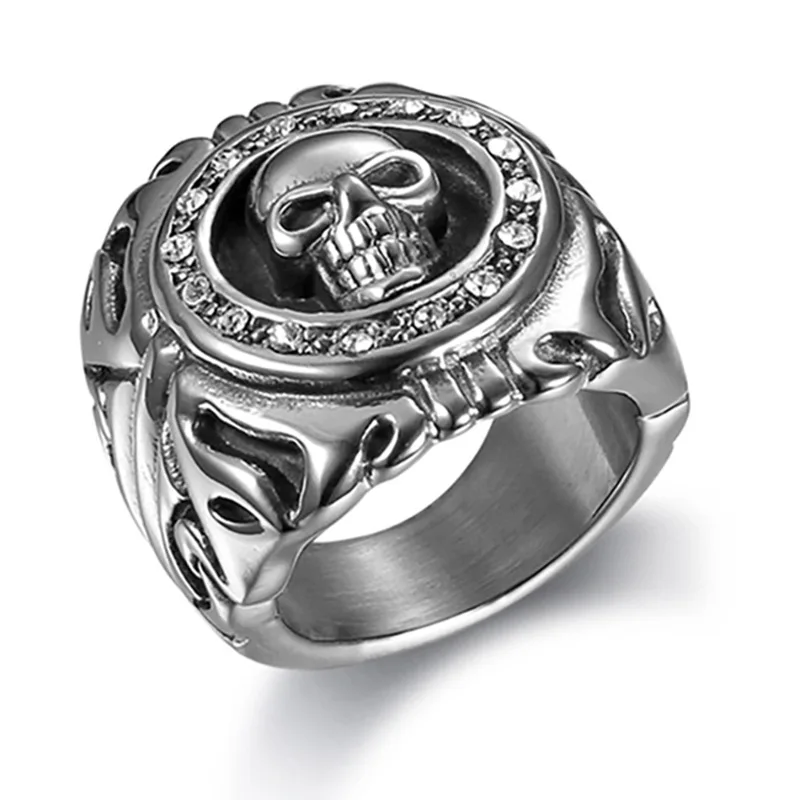 Megin D Stainless Steel Titanium Luxury Zircon Skull Carved Vintage Boho Punk Rings for Men Women Couple Friends Gift Jewelry