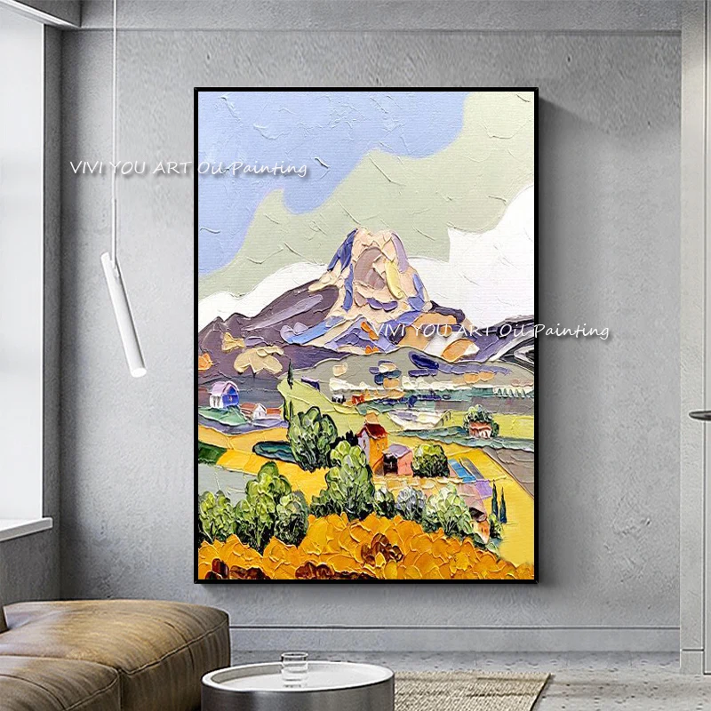 Large Size 100% Handmade thick knife abstract colorful landscape cartoon oil painting for home Living Room Decoration Artworks