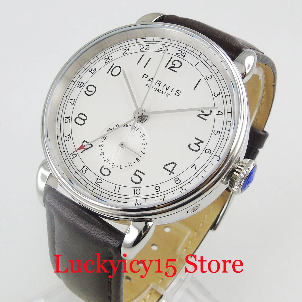 4 Colors Round PARNIS 42mm Date 24 Hour Indicator Men Wristwatch Glass Leather Strap