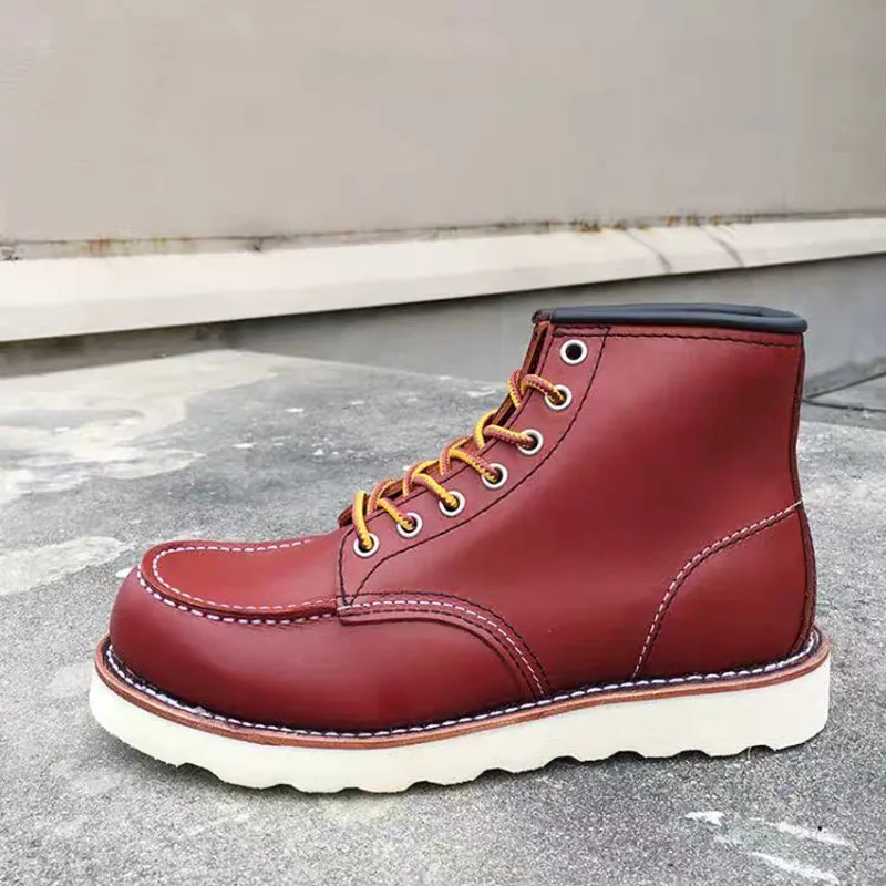 2020 New Designer Handmade Vintage Men Shoes High Quality Cow Leather Ankle Boot Goodyear Welted Wings Motorcycle Boots Wine Red