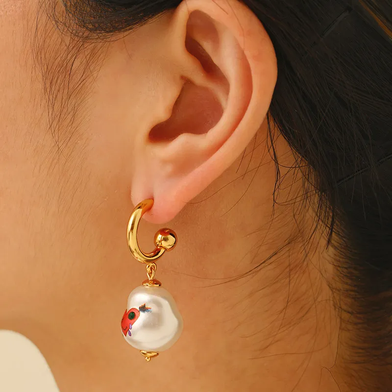 French Vintage Fashion Earrings Baroque Imitation Pearl Rose Cartoon Printing Drop Earrings For Women 925 Silver Needle Jewelry