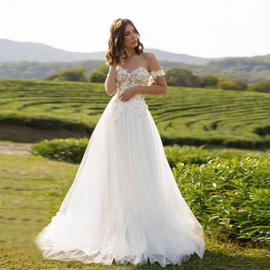 

Off the Shoulder Sheer Empire Waistline Lace Applique Wedding Dress Elegant Tulle Outdoor Bridal Gowns