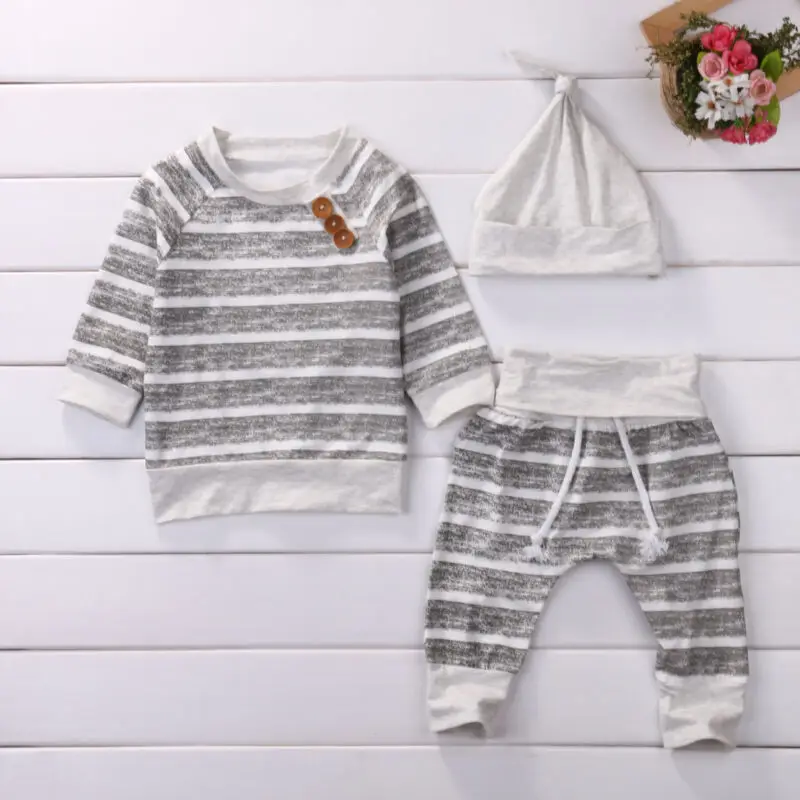 CANIS 3pcs Newborn Baby Boy Girls Kids Infant Long Sleeve Striped tops pants Lovely Hat 3pcs Outfits Set Clothing