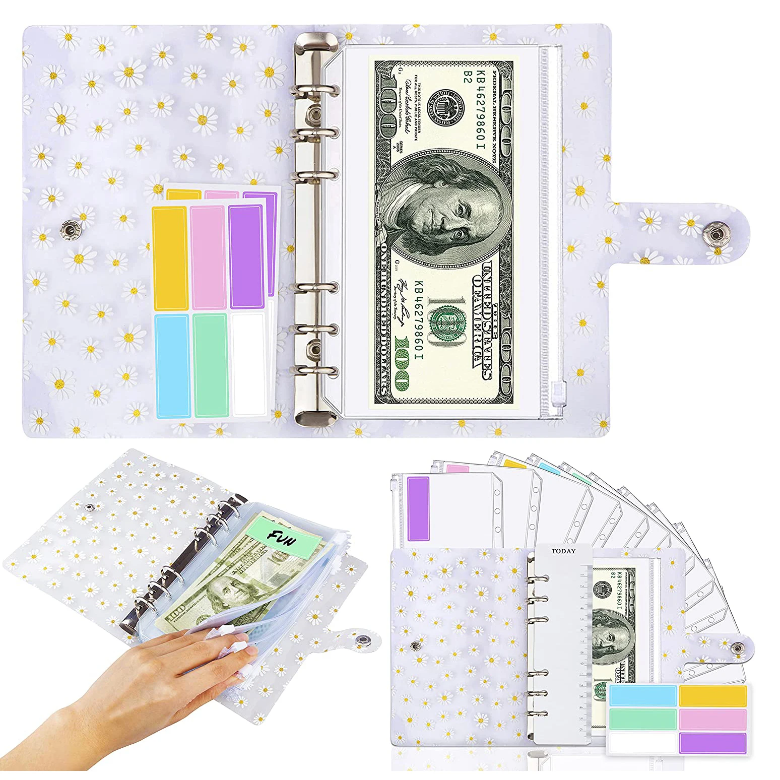 15 Pieces A6 Daisy PVC Binder Cover Budget Planner and 12 Clear Binder Pockets Organizer,Colored Labels for Budgeting