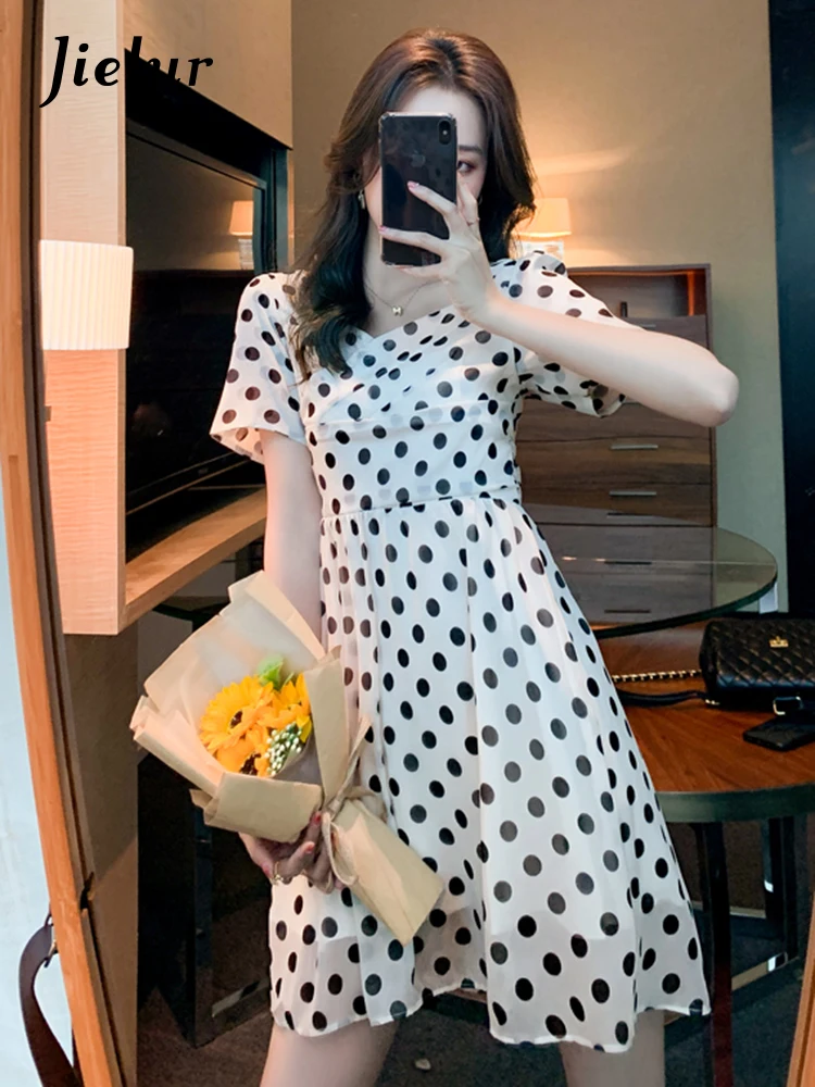 Jielur Polka Dot Elegant Dress Female Summer V-Neck Fashion A-line Dress Casual High Street Lady Vestidos Dresses for Women S-L