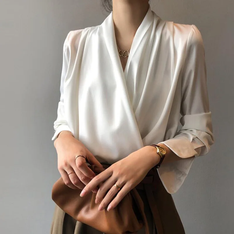 Elegant Women Satin Blouses Shirts Designer Ladies V-neck Shirts 2021 New Female Tops Fashion Office Lady Work Wear Clothes