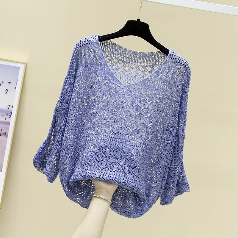 ms v-neck sweater loose languid is lazy wind thin with western style hollow out knitting render unlined upper garment