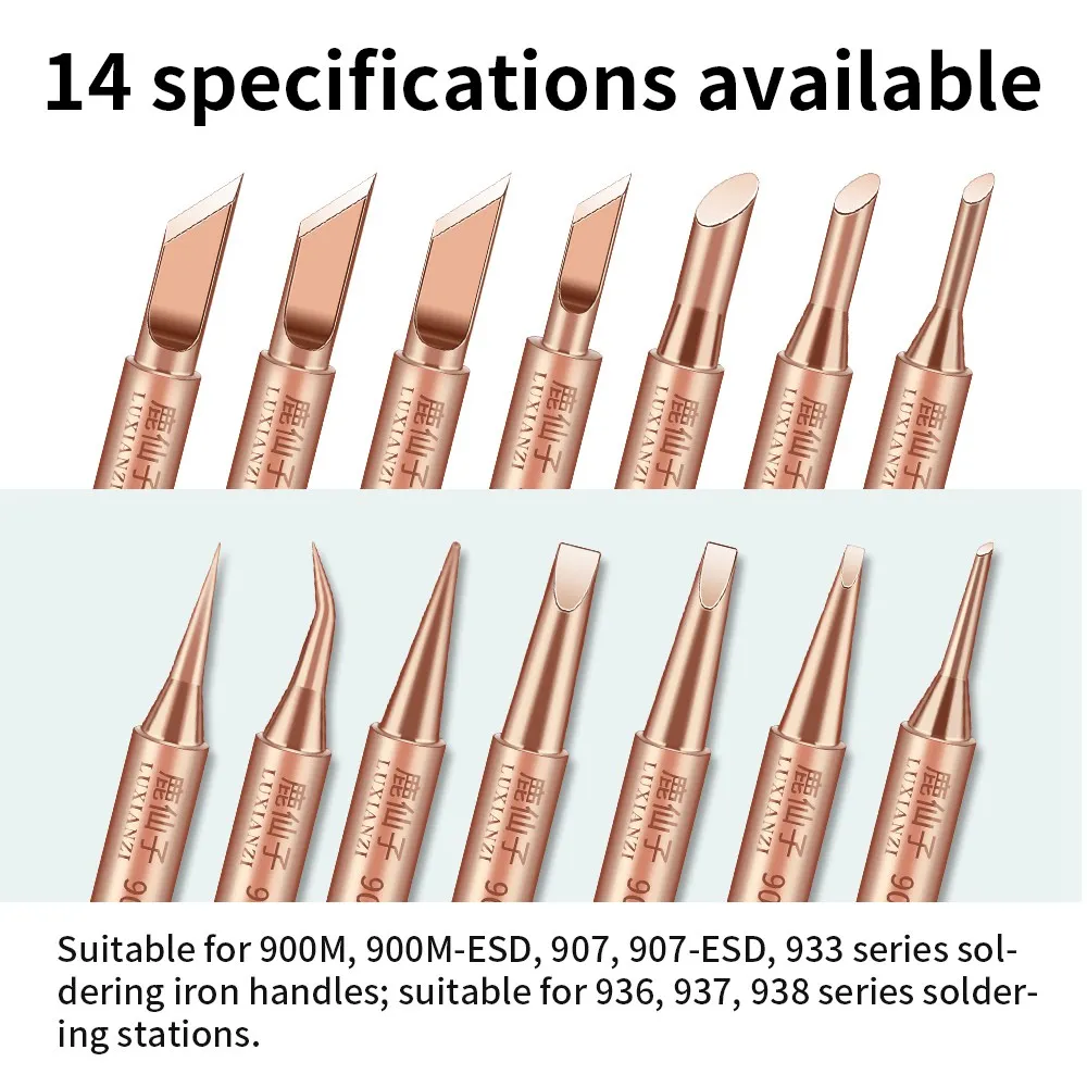 LUXIANZI 14pcs 900M-T Pure copper Soldering Iron Tip head 936 937 938 Rework Station Welding Tool Electric Soldering Iron Tip