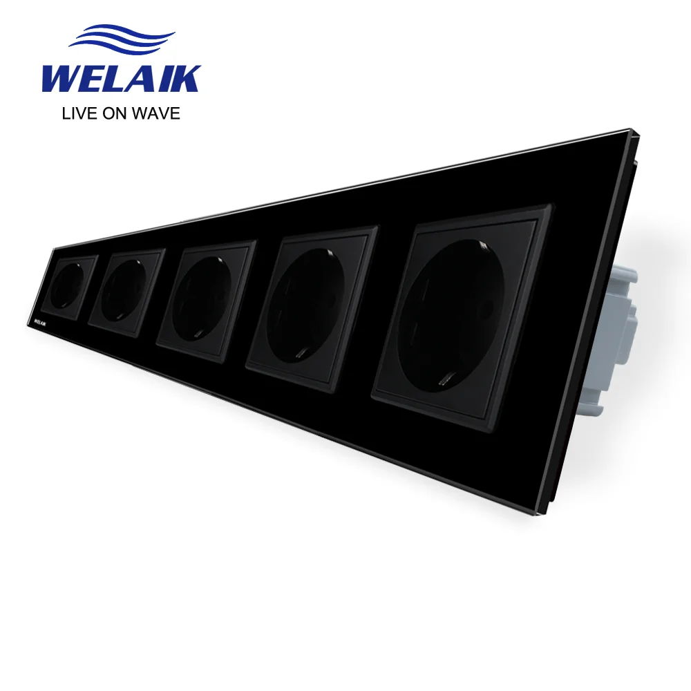 WELAIK  220V 16A 5Frame 364*80mm EU European Standard Glass-Panel Wall-Socket-Wall-Outlet  A58EW