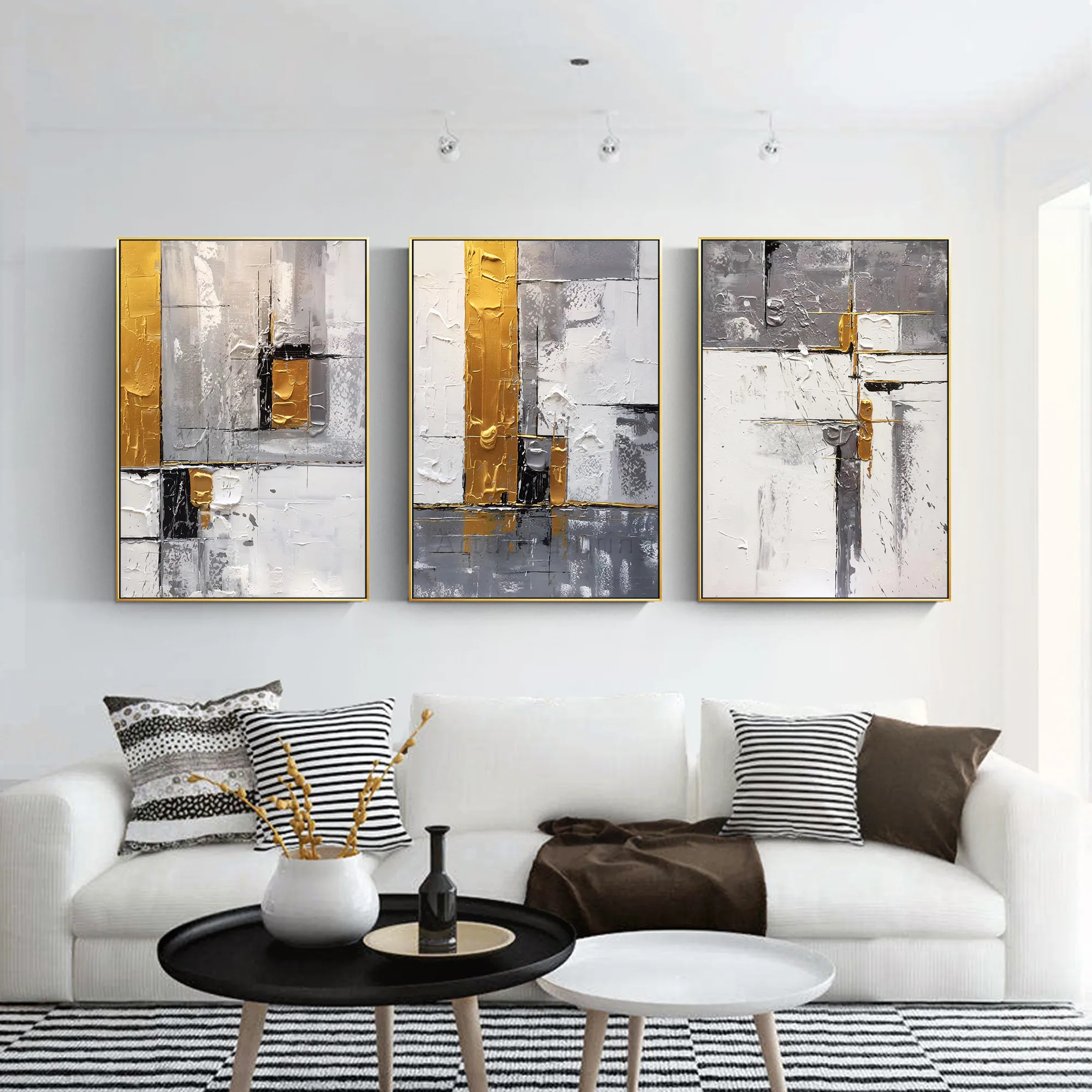 

Set of 3 Gold Grey Canvas Painting Modern abstract Original Large wall art Flower Acrylic Painting living room Home decor