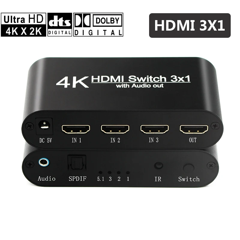 Hdmi 4k, 3x1, 3 a 1, 1080p, extractor de audio con audio remoto, salida spdif para tv, pc, proyector, cámara