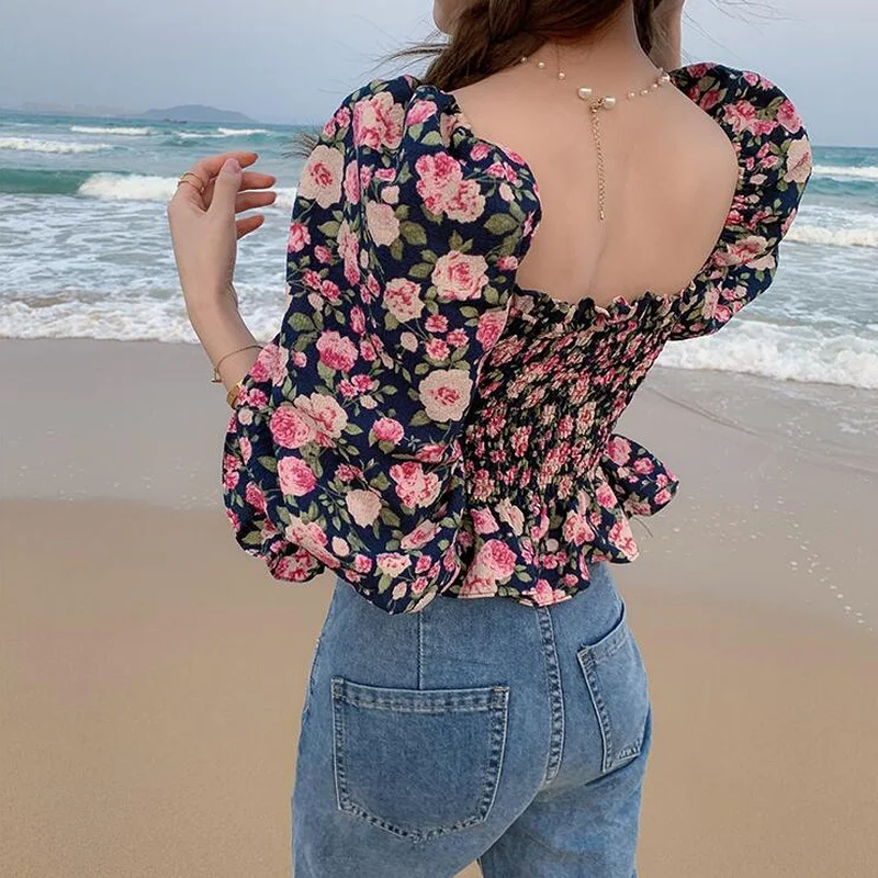 Blouses Women Floral Ruffles Retro Bodycon Elegant Sweet Harajuku Crop Top Chiffon Soft Summer Ins Hot Sale Holiday Female Sexy