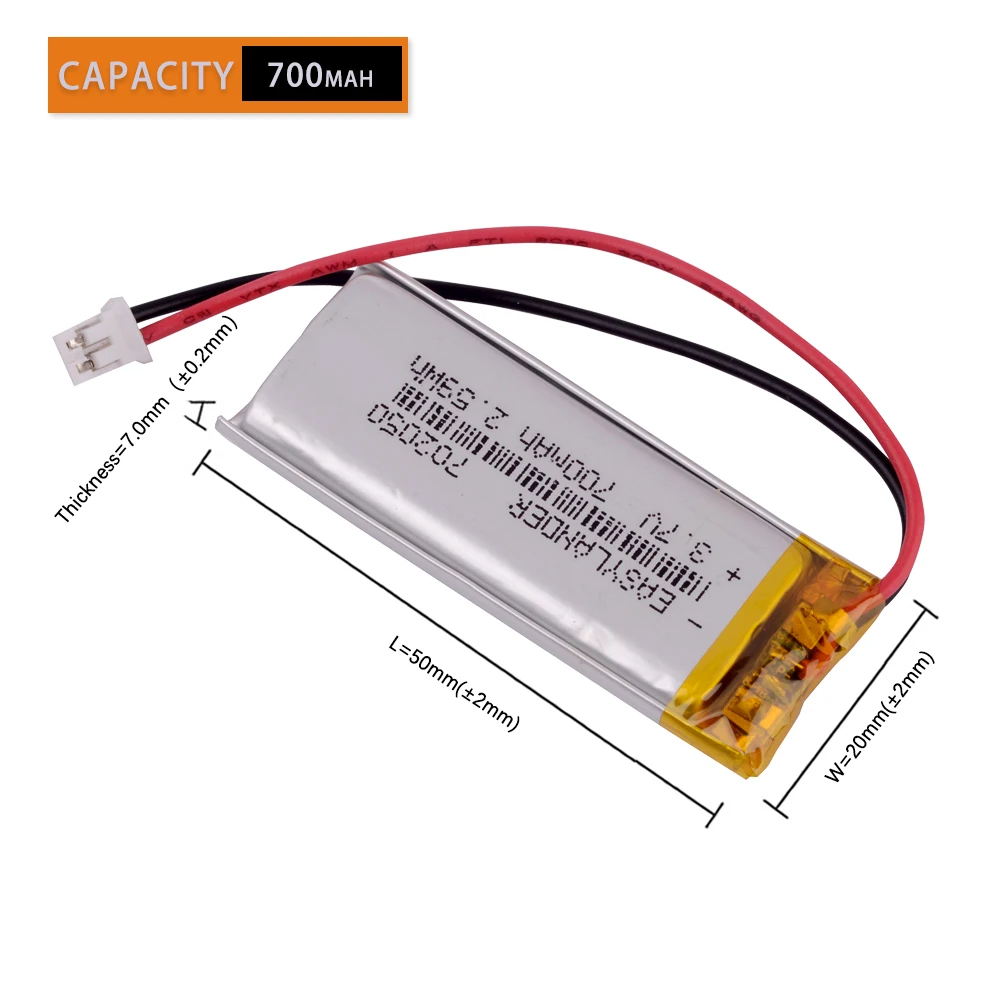 JST 1.25mm 2 pin 3.7V 700mAh 702050 Lithium Polymer LiPo Rechargeable Battery For Mp3 DVR PAD DVD bluetooth camera