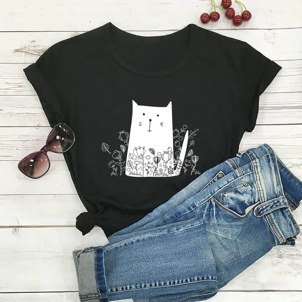 

Cat Flowers Graphic Print 100%Cotton Women Tshirt Unisex Funny Summer Casual Short Sleeve Top Cat Mom Shirt Pet Lover Gift