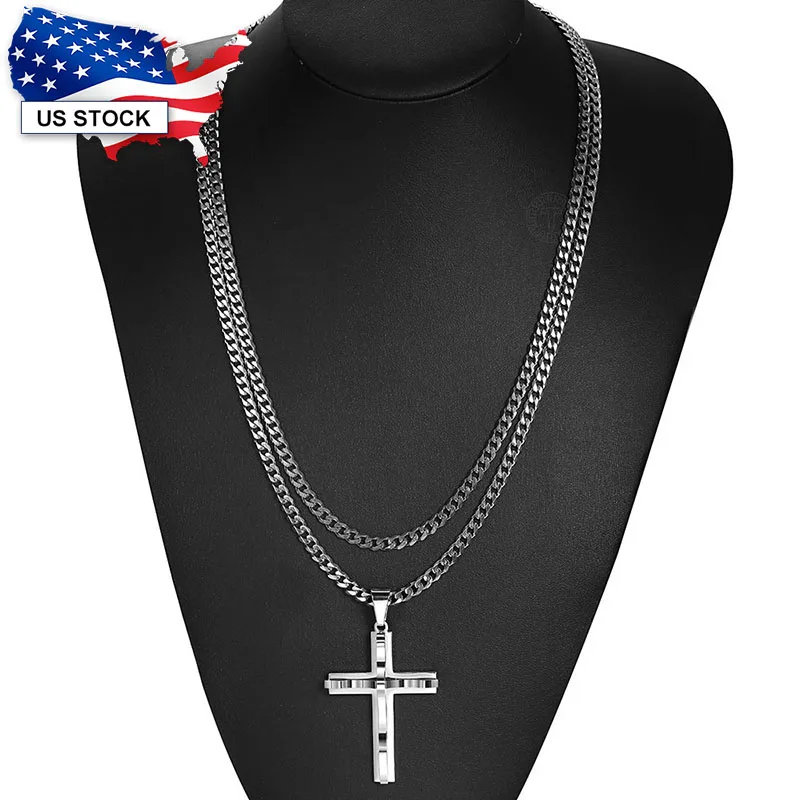 2pcs Cross Pendant Necklace For Women Men Layered Silver Color Stainless Steel Cuban Link Chain Wholesale Jewelry LKP52KN53