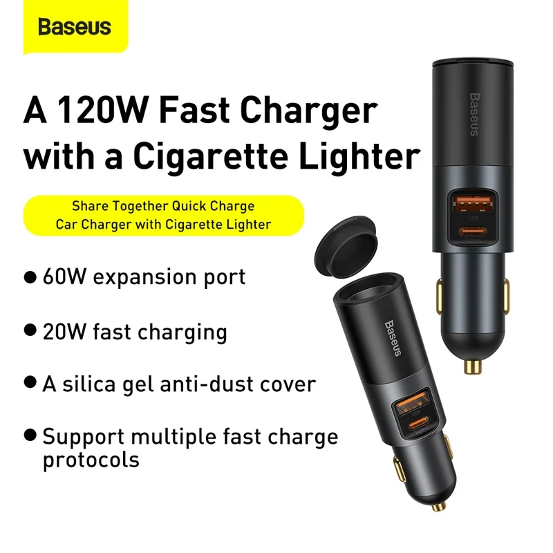 Baseus 120W USB Car Charger QC 4.0 PD 3.0 Car Cigarette Lighter Fast Charging Car Charger For iPhone 14 13 Pro Xiaomi POCO