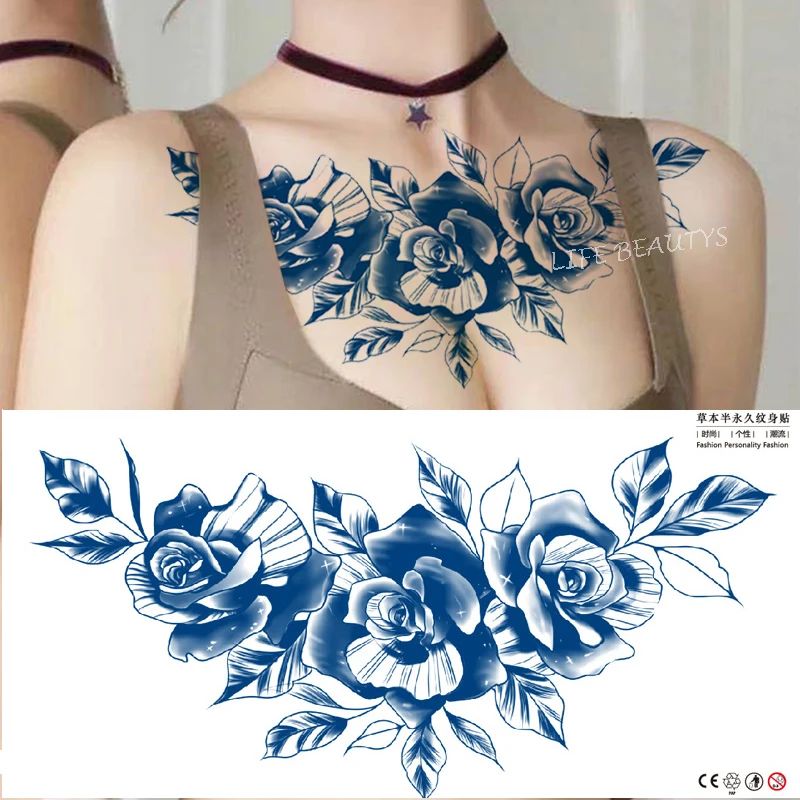 Juice Lasting Large Chest Tattoo Flower Diamond Waterproof Temporary Sticker Flash Body Art Fashion Women Tattoos Girls