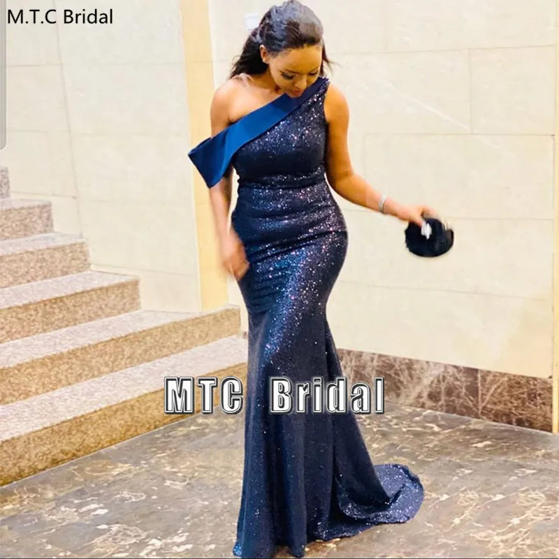 Navy Blue Mermaid Bridesmaid Dresses Long One Shoulder Sequin Best Women Wedding Party Dress For Black Girl Maid Of Honor Gowns