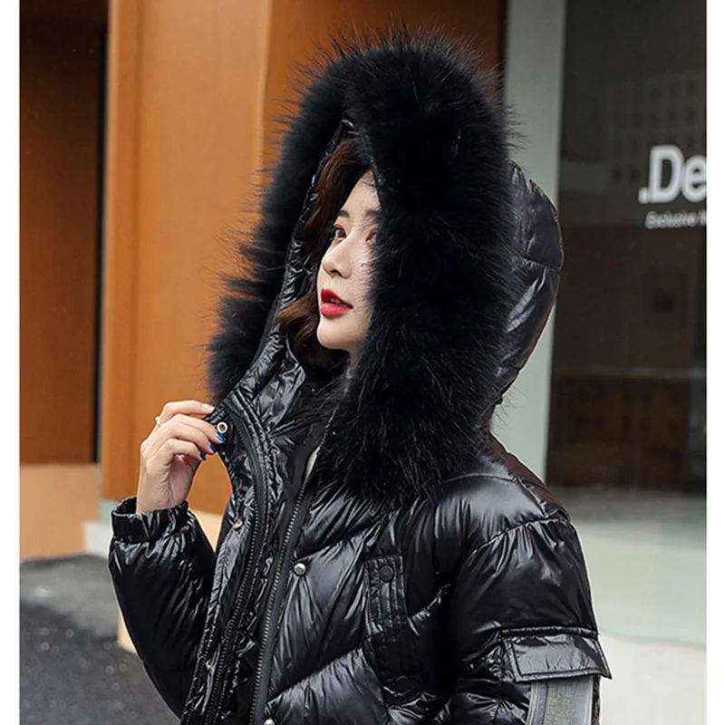 Korean Bright Face Big Fur Collar Down Cotton Jacket Women\'s 2025 Winter Jackets Female Parkas Loose Thick Warm Hooded Outerwear